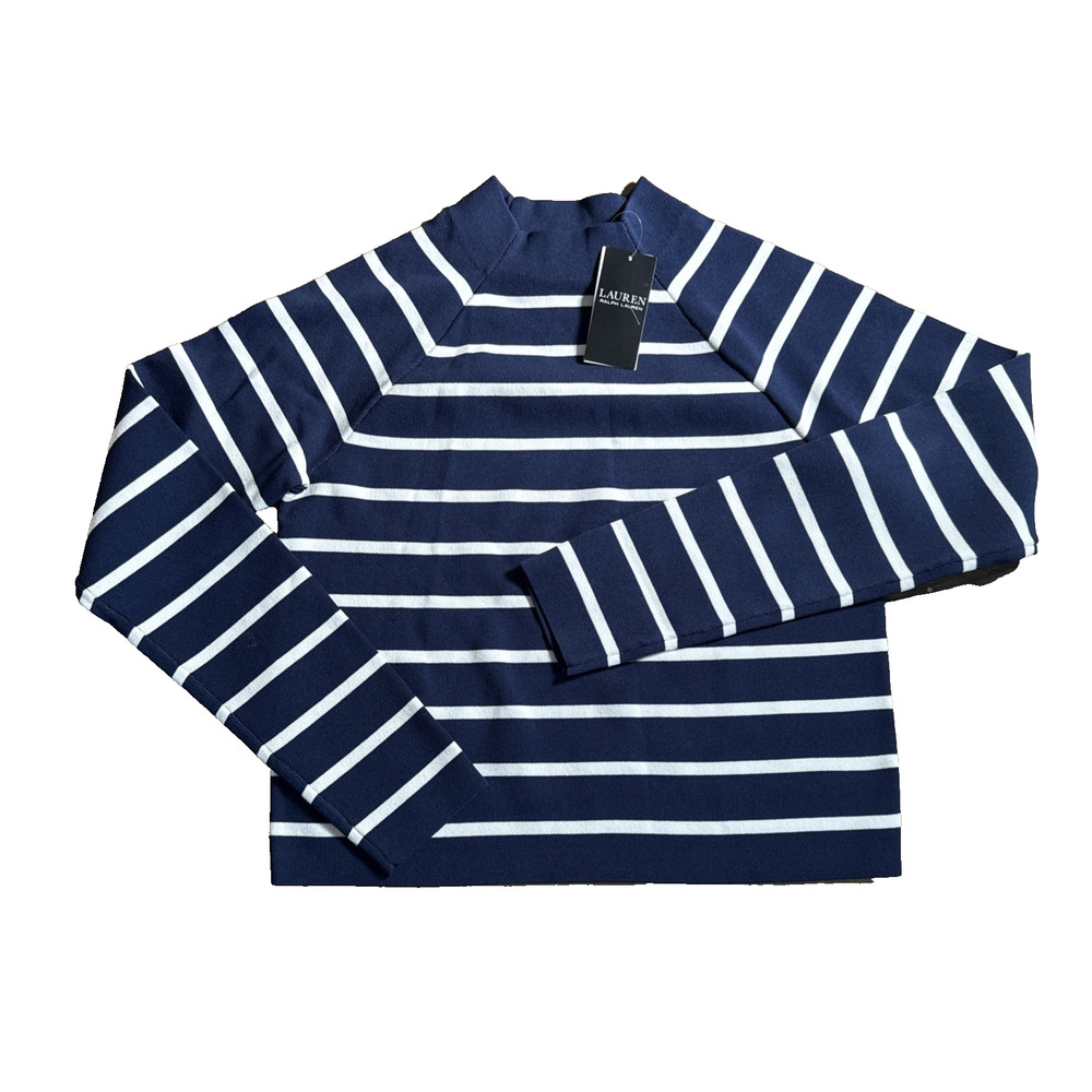 Lauren Ralph Lauren Striped Mock Neck Sweater Women Large Navy/White Pullover LS - Picture 2 of 10